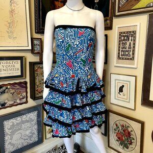 90s Vintage Blue Black Crazy Print Strapless Mini Dress with Tiered Ruffle Skirt